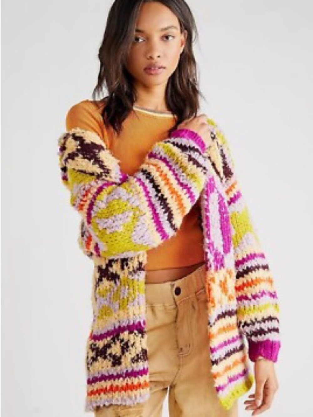 Free People Peggy Pure Purple Multicolor Southwestern Hoodie Knit Cardigan